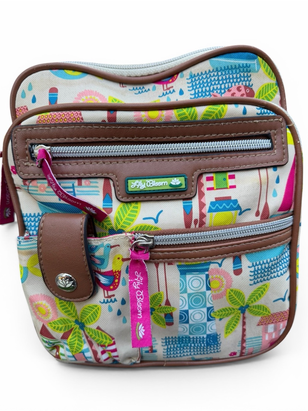 Lily Bloom Beach Print Crossbody Bag Tropical Coastal Birds Palm Trees